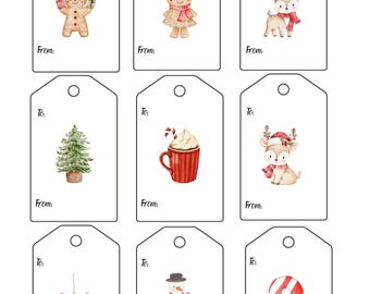 Etiquetas de regalo navideñas en acuarela: Set imprimible (descarga digital)