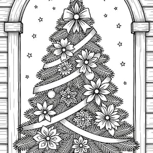 May include: Black and white illustration of a Christmas tree decorated with flowers, ribbons, and a star on top. The tree is framed by a wooden arch and surrounded by stars, creating a festive holiday scene.