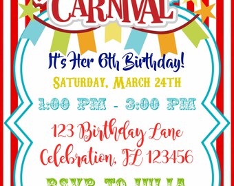 Digital or Printed Custom Circus Invitation, Carnival Invitation, Kids Birthday Invitation, Circus Birthday Invitation,