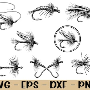 May include: A collection of black and white illustrations featuring various fishing flies with detailed feathers, hooks, and lines. The set includes individual fly designs, a circular framed fly, and crossed hooks, with the text SVG - EPS - DXF - PNG.
