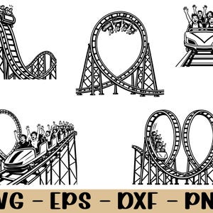 Puede incluir: Una colección de cuatro ilustraciones en blanco y negro que representan montañas rusas con pasajeros, incluyendo una caída, un bucle, una vista frontal y un diseño de doble bucle, con el texto SVG - EPS - DXF - PNG en la parte inferior.