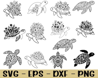 May include: A collection of black and white turtle designs. Some turtles feature floral patterns on their shells, while others have intricate decorative designs. The image also includes the text "SVG - EPS - DXF - PNG".