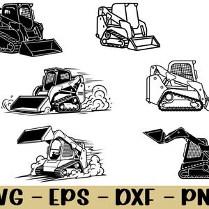 May include: Black and white illustrations of skid steer loaders in various poses. Some show the loaders in motion with dust clouds. The bottom of the image displays the text "SVG - EPS - DXF - PNG".