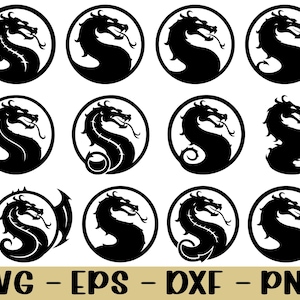 Pode incluir: Uma coleção de silhuetas de dragões pretos em molduras circulares. Os dragões são retratados em várias poses, alguns com asas. A imagem inclui o texto "SVG - EPS - DXF - PNG" em uma faixa bege na parte inferior.