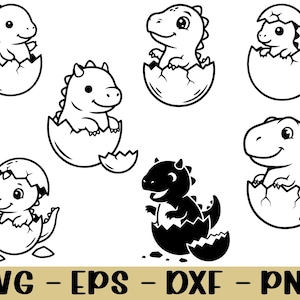 May include: Black and white cartoon illustrations of baby dinosaurs hatching from eggs. The dinosaurs have smiling faces and are in various poses. The image also includes the text "SVG - EPS - DXF - PNG".