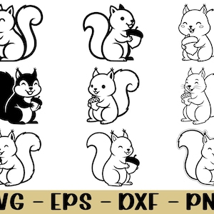May include: A collection of nine cartoon squirrel illustrations in black and white. Each squirrel is holding an acorn and has a smiling face. The bottom of the image displays the text "SVG - EPS - DXF - PNG".
