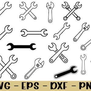 May include: A collection of black and white wrench illustrations in various styles. The image includes open-end wrenches, adjustable wrenches, and crossed wrench designs. The bottom of the image displays the text "SVG - EPS - DXF - PNG".