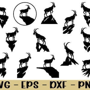 Puede incluir: Ilustraciones de siluetas negras de cabras montesas de pie sobre picos rocosos. La imagen incluye varios diseños de cabras y formaciones rocosas, con el texto "SVG - EPS - DXF - PNG" en la parte inferior.