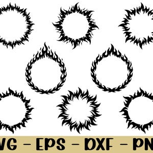 May include: A collection of black flame-shaped circle designs in various styles. The designs include circular and teardrop shapes, with the text "SVG - EPS - DXF - PNG" at the bottom.