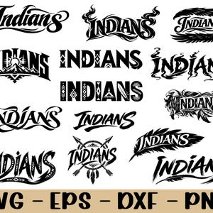 Könnte beinhalten: Eine Sammlung schwarzer Grafikdesigns mit dem Wort Indians in verschiedenen stilisierten Schriftarten, einschließlich Motiven wie Federn, Pfeilen, Bergen und Raucheffekten, mit dem Text SVG - EPS - DXF - PNG am unteren Rand.