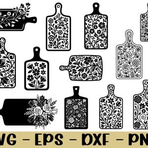 Può includere: Una collezione di disegni di taglieri floreali in bianco e nero. Le tavole variano per forma e motivi floreali, alcuni con elaborate composizioni di fiori e foglie. L'immagine include anche il testo "SVG - EPS - DXF - PNG".
