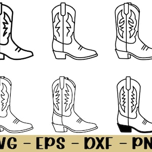 May include: Six black and white illustrations of cowboy boots. The boots are depicted in different positions, highlighting their design. The image includes the text "SVG - EPS - DXF - PNG" at the bottom, indicating file formats.