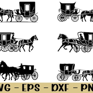 May include: A collection of black carriage silhouettes, each pulled by one or more horses. The carriages vary in design, with some featuring a driver and passenger compartment. The image includes the text "SVG - EPS - DXF - PNG" at the bottom.