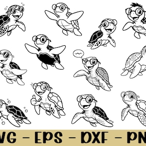 May include: Black and white cartoon illustrations of turtles wearing glasses and sunglasses. The turtles are in various poses, some swimming, some giving a thumbs up. The image includes the text "SVG - EPS - DXF - PNG".
