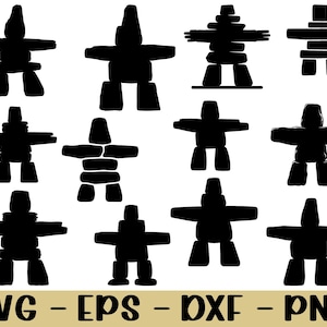 May include: A selection of black silhouette Inukshuks, stone landmarks, in different forms. The image includes the text "SVG - EPS - DXF - PNG" in a gold font at the bottom.