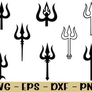 Puede incluir: Una colección de diseños de tridente negros en varios estilos. La imagen incluye versiones sólidas y delineadas del arma de tres puntas. La parte inferior de la imagen muestra el texto "SVG - EPS - DXF - PNG" en un rectángulo dorado.