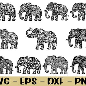 May include: A selection of black and white elephant designs featuring detailed floral and geometric patterns. The elephants are depicted in different poses, with the text "SVG - EPS - DXF - PNG" included in the image.