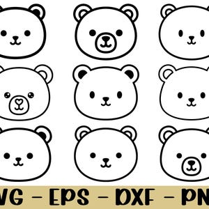 Puede incluir: Nueve ilustraciones en blanco y negro de caras de oso con diferentes expresiones faciales. Los osos tienen cabezas redondas, orejas pequeñas y rasgos sencillos. La parte inferior de la imagen tiene el texto "SVG - EPS - DXF - PNG".