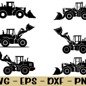 Könnte beinhalten: Sechs schwarze Silhouetten von Radladern in verschiedenen Positionen. Die Lader haben große Reifen, eine Kabine und eine Frontschaufel. Am unteren Rand des Bildes steht der Text "SVG - EPS - DXF - PNG" in Beige.