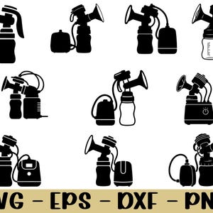 May include: Black and white illustrations of various breast pump designs. The image includes different styles of electric and manual breast pumps, with bottles, tubing, and motors. The text "SVG - EPS - DXF - PNG" is at the bottom.