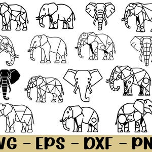 May include: A selection of black and white elephant designs in diverse styles, including geometric and outline illustrations. The image features the text "SVG - EPS - DXF - PNG" in a gold banner.