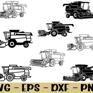 Peut inclure: Plusieurs illustrations de moissonneuses-batteuses en noir et blanc. L'image présente divers modèles de machines agricoles, avec des contours détaillés et des silhouettes pleines. Le texte "SVG - EPS - DXF - PNG" est affiché en bas.