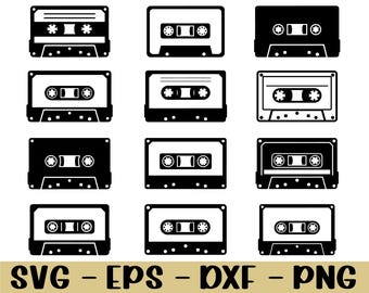 Op de afbeelding: Een verzameling van twaalf zwart-wit illustraties van cassettebandjes. De ontwerpen variëren in detail, sommige tonen meer ingewikkelde interne componenten. De onderkant van de afbeelding toont de tekst "SVG - EPS - DXF - PNG" in goudkleur.