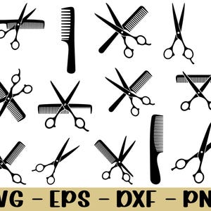 May include: A collection of black silhouette images of scissors and combs, arranged in various orientations. The text "SVG - EPS - DXF - PNG" is displayed in a gold-colored font at the bottom of the image, indicating file formats.