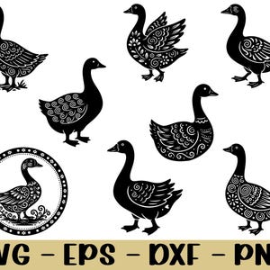 May include: A collection of seven black goose illustrations with intricate floral and swirl patterns. The geese are in various poses, some standing, others with wings spread. The image includes the text "SVG - EPS - DXF - PNG" at the bottom.