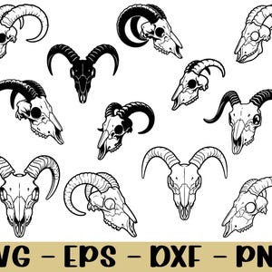 May include: Black and white illustrations of goat skulls in various orientations. The image includes multiple skull designs with curved horns, perfect for gothic or occult-themed projects. The bottom of the image displays the text "SVG - EPS - DXF - PNG".