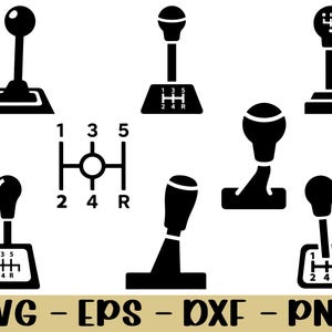 Könnte beinhalten: Schwarz-Weiß-Illustrationen verschiedener Designs von Autoschaltgetrieben. Die Designs umfassen verschiedene Arten von Schaltknöpfen und Gangmustern. Der untere Teil des Bildes enthält den Text "SVG - EPS - DXF - PNG".