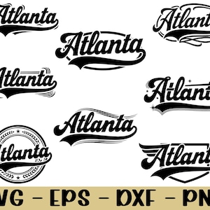 May include: A collection of black and white "Atlanta" text designs in various styles, including script and a circular emblem. The image also includes file type abbreviations: SVG, EPS, DXF, and PNG.
