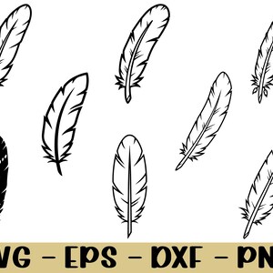 May include: Eight black and white feather illustrations are displayed. The feathers have different shapes and sizes, with detailed vein patterns. The bottom of the image features the text "SVG - EPS - DXF - PNG" in a gold-coloured font.