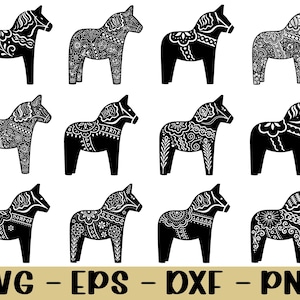 May include: A selection of black and white Dala horse designs with detailed patterns. The image includes various file formats: SVG, EPS, DXF, and PNG. The horses are decorated with floral and geometric motifs.