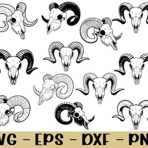 May include: Black and white illustrations of ram skulls with curved horns. The image features various skull designs, each with detailed bone structures and varying horn shapes. The bottom of the image displays the text "SVG - EPS - DXF - PNG" in a tan banner.