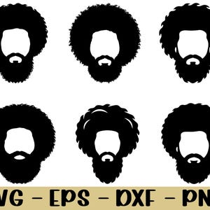 May include: A collection of six black silhouette illustrations of faces with afro hairstyles and beards. The bottom of the image displays the text "SVG - EPS - DXF - PNG" in a gold color.