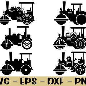 May include: Black silhouette images of vintage steamrollers in various designs. Each illustration features a roller, wheels, a cab, and a smokestack. The bottom of the image displays the text "SVG - EPS - DXF - PNG".