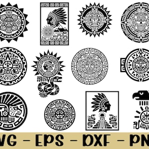 May include: A selection of black and white Aztec-inspired vector graphics. The designs feature circular sun symbols, profiles of people in headdresses, and stylized animal figures. The bottom of the image displays the text "SVG - EPS - DXF - PNG".