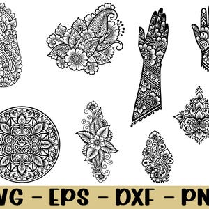 May include: Black and white henna designs in various shapes, including floral patterns, paisley, and hand illustrations. The image also includes a circular mandala design and the text "SVG - EPS - DXF - PNG".