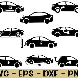 May include: A set of black electric car silhouettes illustrating various charging methods. Some cars have lightning bolt symbols, others show charging plugs. The bottom of the image displays the text "SVG - EPS - DXF - PNG".