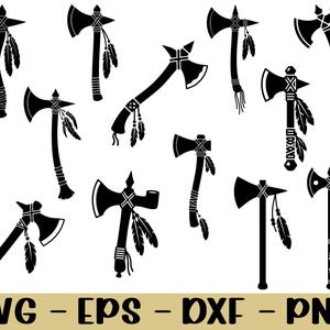 May include: A collection of black tomahawk axe designs with various handle and blade styles. Some axes feature feather and wrap details. The image includes the text "SVG - EPS - DXF - PNG" in a gold color.