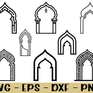 Puede incluir: Una colección de ocho diseños de ventanas y puertas arqueadas en blanco y negro. Los diseños varían en forma y detalle, algunos con patrones intrincados y otros con un contorno simple. El texto "SVG - EPS - DXF - PNG" se muestra en la parte inferior de la imagen.