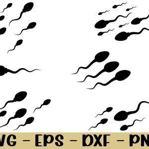 May include: Black sperm cell illustrations in various arrangements. The image features multiple stylized sperm cells with oval heads and long, curved tails. The bottom of the image has the text "SVG - EPS - DXF - PNG".
