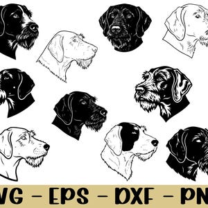 Może przedstawiać: Kolekcja ilustracji głów psów w czerni i bieli. Obraz przedstawia różne rasy psów w profilu, z szczegółową grafiką liniową. Na dole obrazu znajduje się tekst "SVG - EPS - DXF - PNG".