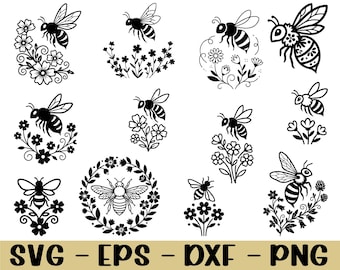 Honungsbi med blommor Svg, honungsbisilhuett, Dxf, Png