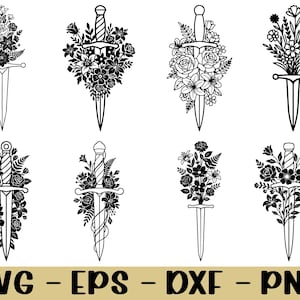 May include: Black and white line art of eight daggers, each adorned with floral arrangements. The daggers vary in design, with different flower types and arrangements. The bottom of the image displays the text "SVG - EPS - DXF - PNG".