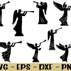 May include: Black silhouette images of angels playing trumpets. Each angel has wings and is wearing a long robe. The angels are in various poses, some standing and some walking. The bottom of the image has the text "SVG - EPS - DXF - PNG".