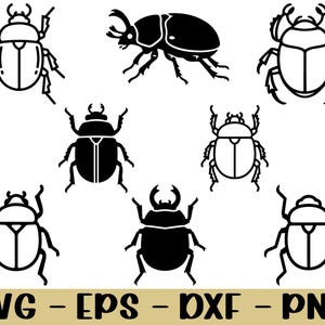 Puede incluir: Una colección de ocho ilustraciones de escarabajos negros en varias poses. Los insectos están representados en un estilo minimalista, con contornos detallados y cuerpos segmentados. La parte inferior de la imagen muestra el texto "SVG - EPS - DXF - PNG" en color dorado.