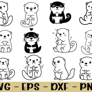 May include: Twelve black and white cartoon otter illustrations. The otters are shown in different poses, some holding hearts or starfish. The bottom of the image displays the text "SVG - EPS - DXF - PNG" in a gold colour.