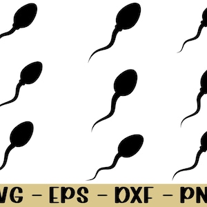 May include: Nine black sperm cell silhouettes against a white backdrop. Each illustration shows a sperm cell with a rounded head and a long, curved tail. The bottom of the image has the text "SVG - EPS - DXF - PNG".